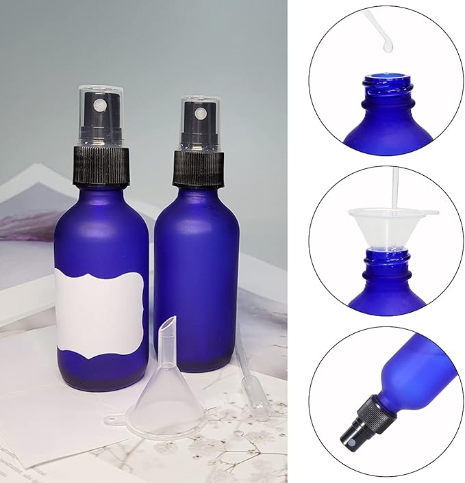 60ml Frosted Blue Glass Spray Bottles,Small Empty Fine Mist Perfume Refillable Reusable Travel Spray Bottle for Essential Oils/Hair/Aromatherapy/Cleaning/Cosmetic with Extra Spray Nozzle(2 Pack)