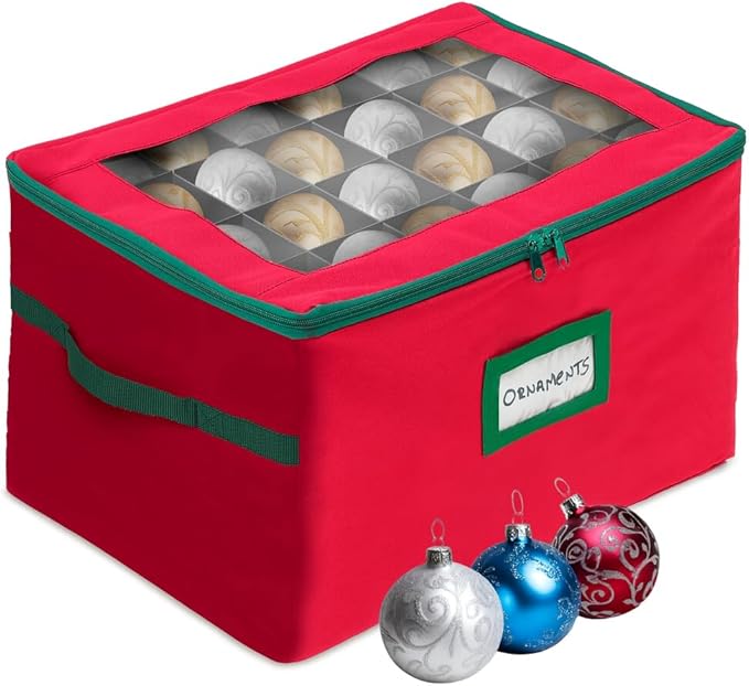 HOLDN’ STORAGE Christmas Ornament Storage Box with Dividers - Fits 96-3” Ornaments, 4 Removable Trays, Durable & Space-Saving, Clear Top Lid, Convenient Storage Designed, Red