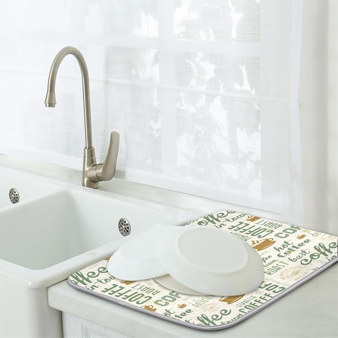 Hexteria Dish Drying Mat for Kitchen Counter, Absorbent Coffee Bar Mat, Dish Drainer Rack Mats for Kitchen Counter, Green