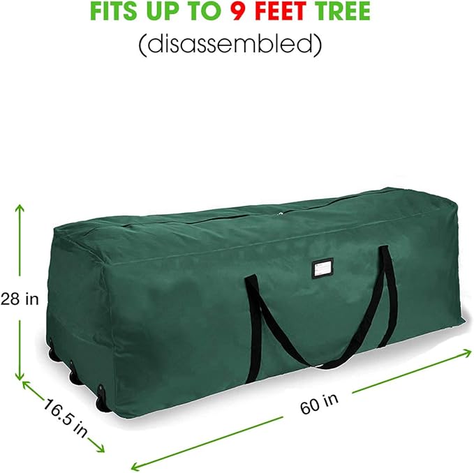 Primode Rolling Tree Storage Bag, Fits Up to 9 ft. Disassembled Holiday Tree, 28" Height X 16" Wide X 60" Long, Extra Large Heavy Duty Storage Container with Wheels and Handles (Green)
