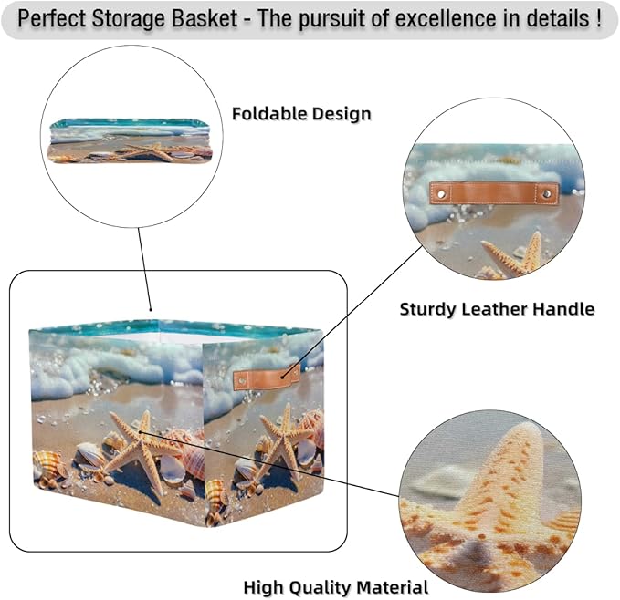 Ocean Starfish Seashell Storage Basket for Shelves, Storage Bins with Handles, Collapsible Basket for Organizing, Closet Toy Baskets for Nursery Room, 15x11x9.5 in, Canvas, Sea Beach