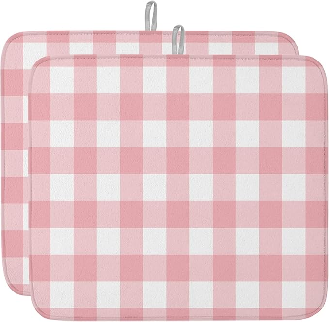 Pink Buffalo Plaid Dish Drying Mat for Kitchen Counter Valentine's Day Drying Pad Absorbent Drying Mats for Countertops Sinks Draining Racks Check Drainer Valentines Holiday Decorations 18x24 Inch