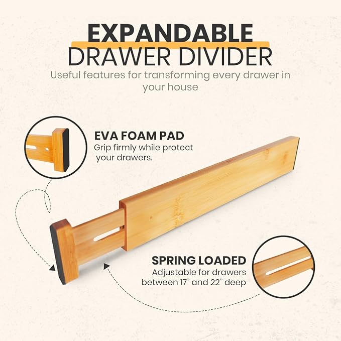 Palok Kisna Adjustable Bamboo Drawer Dividers, Drawer Organizer for Kitchen, Bedroom, Bathroom, Office Desk, Dresser Nursery & Silverware, Natural Wooden Separators with Soft Foam Ends, Expandable