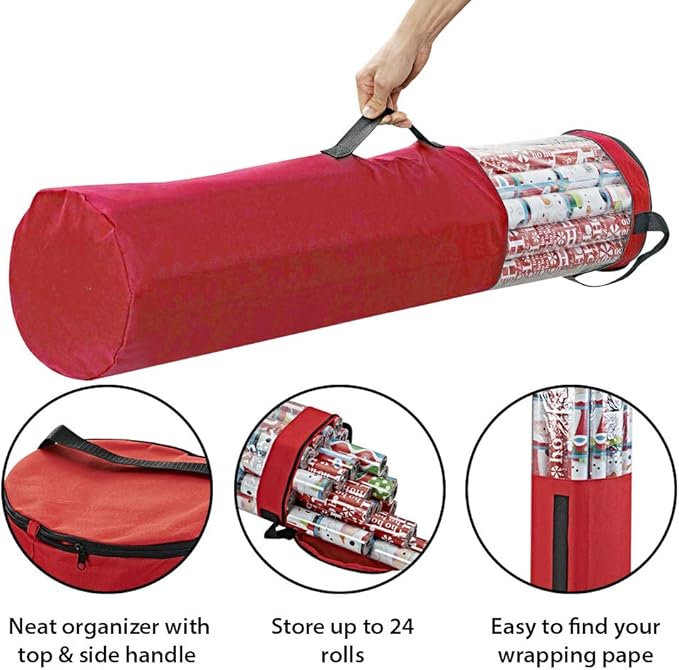 ProPik Wrapping Paper Storage Bag, Christmas Gift Wrap Organizer Stores Up to 24 Rolls 40 Inch, Heavy Duty Polyester plus PVC Clear Bag with Handles