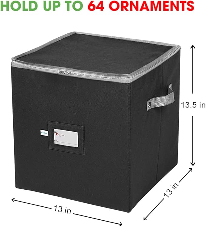 Primode Christmas Ornament Storage Box, 4 Individual Trays Xmas Storage Container, Fits 64 Ornaments Decoration Balls, Constructed of Durable 600D Oxford Material (Black)