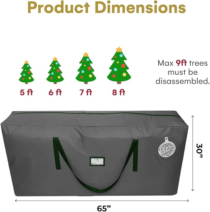 HOLIDAY SPIRIT Christmas Tree Bag - Heavy-Duty and Waterproof 9ft Christmas Tree Storage Bag - 600D Oxford Material Protects from Dust and Moisture with Reinforced Handles and Dual Zipper (Charcoal)