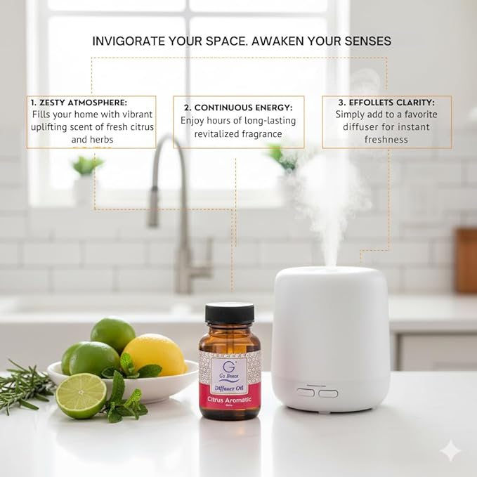 G's Breeze Citrus Aromatic Diffuser Oil - Energize and Cheerful Essence - Fruity Scent of Sun-Kissed Citrus Fruits for Vibrant Atmosphere – Ideal for Home & Office – Long-Lasting Aroma - 60 ML