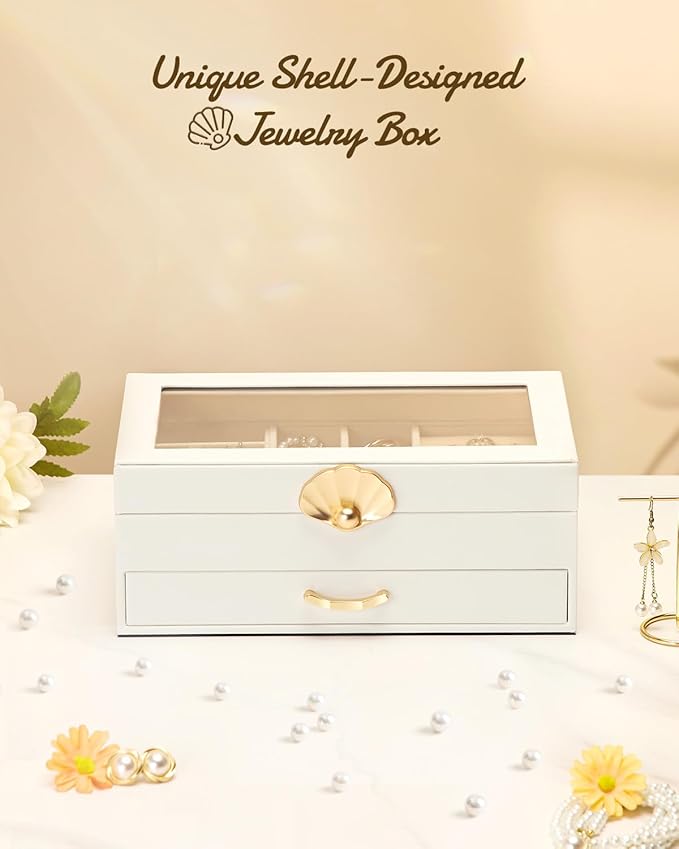 Jewelry Box with 1 Drawers: Display Organizer for Earrings Necklaces - Christmas Gifts for Girls Women (White)