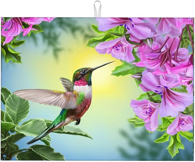Floral Hummingbird Dish Drying Mats for Kitchen Counter Large Drying Mat for Dishes Microfiber Dish Rack Mat Kitchen Decor Spring Flower Drainer Pad Ultra Absorbent Dry Mat 18×24 Inch