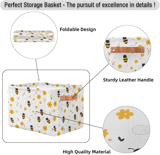 Bee Storage Basket for Shelves, Storage Bins with Handles, Collapsible Basket for Organizing, Closet Toy Baskets for Nursery Room, 15x11x9.5 in, Canvas, Yellow Bee