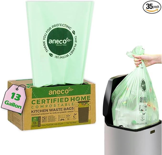 ANECO 100% Compostable Food Waste Bags 13 Gallon, 35 Count, Extra Thick Kitchen Compost Bags, Large Compostable Bags for Tall Kitchen Bin (Pack of 1)