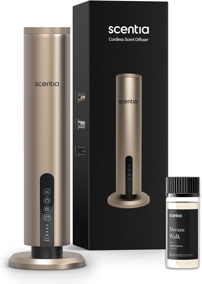 Scentia Hotel Scent Diffuser Starter Kit | Wireless & App Controlled Cold Air Essential Oil Diffuser for Home, Office Spa, Aromatherapy Diffuser | Covers 1500 Sq Ft | Gold | Hotel Oils Included