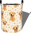 Cute Golden Retrievers with Hearts Laundry Basket with Handles, 19.7"x15.7" Clothes Foldable Laundry Hamper Organizer for Dorm Nursery Bedroom Bathroom Decor, Toy Storage Bin for Kids