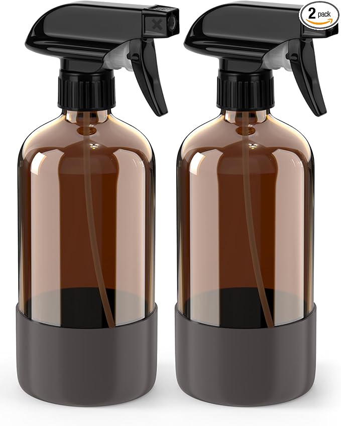 Bontip Glass Spray Bottle with Silicone Sleeve Protection, Amber Glass Spray Bottle Set for Window Cleaner Aromatherapy Facial Hydration Watering Flowers Hair Care 2 Pack/16 oz (Grey, 16 oz)