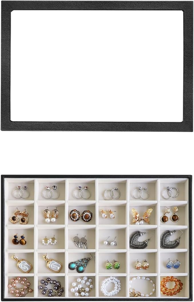 Wudygirl Jewelry Organizer 30 Grid Jewelry Tray with Lid Earring Holder Organizer for Women Ring Earring Bracelet Holder Storage (Pu Black Beige)