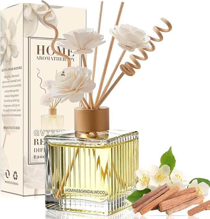 Jasmine & Sandalwood Reed Diffuser Set-6.7 oz Glass Bottle with 4 Rattan Sticks,3 Dried Flowers,Adjustable,Long-Lasting Scent for Home,Bedroom,Living Room,Office,Bathroom,Aromatherapy Gift Set