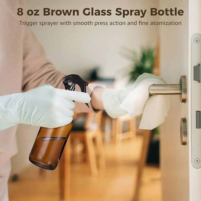 24 PCS 8 oz Glass Spray Bottles - Brown Glass Sprayer with Funnels and Labels, Refillable Fine Mist Trigger Bottles for Essential Oils, Cleaning Solutions, Haircare, Room Fresheners, DIY Cosmetics