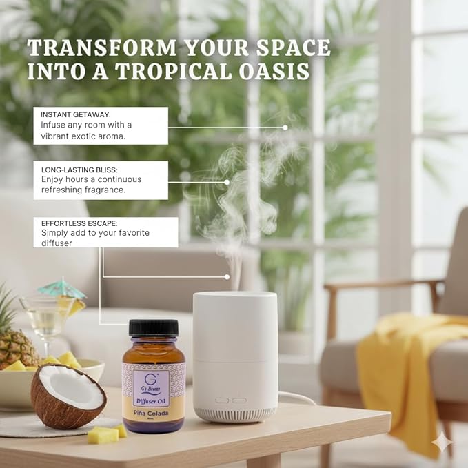 G's Breeze Piña Colada Diffuser Oil - Tropical Coconut & Pineapple Scent - Long Lasting Fragrance, Uplifting Aroma - Ideal for Home & Office - Refreshing & Inviting Atmosphere - 60 ML