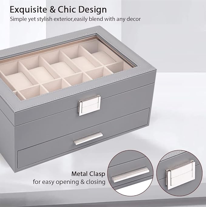 Voova Jewelry Box Watch Boxes Organizer for Men Women, 2 Layer Large 12 Slot PU Leather Watch Storage Case, Glass Top Jewelry Display Holder for Watches Sunglasses Rings Necklaces Bracelets,Grey
