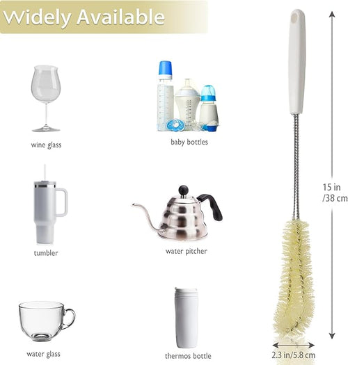 2-Pack 16 inches Long Handle Bottle Cleaning Brushes - Ideal for Coffee Glasses, Pots, Milk Cups, Mugs, Wine Bottles, and Baby Bottles (Beige)