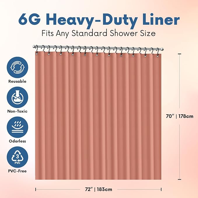 Premium Shower Curtain Liner, 72"W X 70"H - PVC-Free, 6G PEVA Shower Curtain with 12 Rust Proof Grommets And Magnet-weighted Bottom Hem - Moisture Stain Proof Shower Curtain Liner (Peach)
