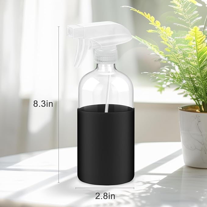 Worldgsb 2 Pack Glass Spray Bottles with Long Silicone Sleeve, 16 oz Empty Refillable Containers with Adjustable Spray Nozzles, Spray Bottles for Hair, Cleaning Solutions and Plants 2 Pack Black