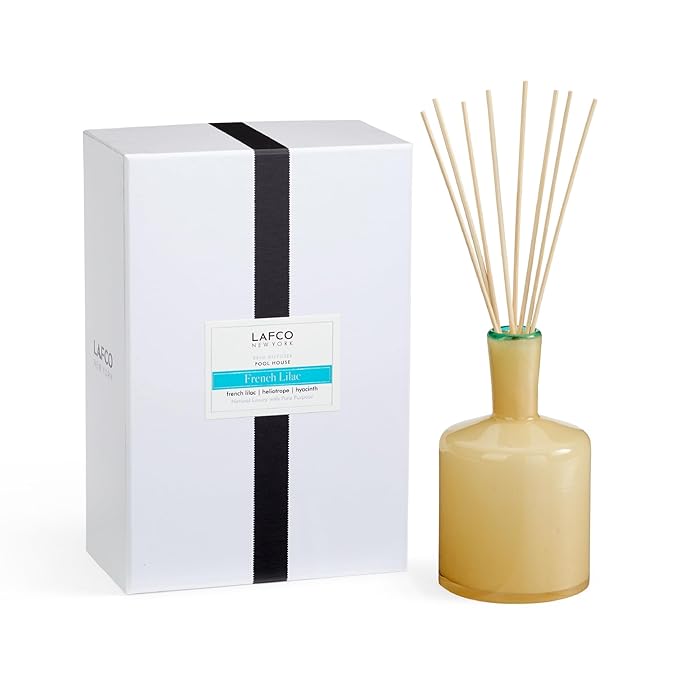 LAFCO New York Signature Reed Diffuser, French Lilac - 15 oz - Up to 9 Months Fragrance Life - Reusable, Hand Blown Glass Vessel - Natural Wood Reeds - Made in The USA