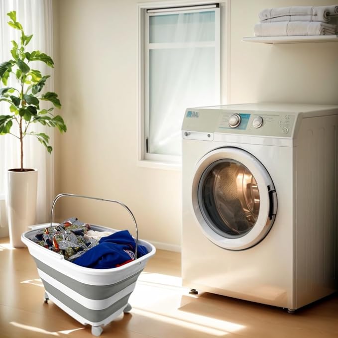SAMMART 35L (9.24 Gallons) Collapsible Plastic Laundry Basket with Handle and Wheels - Foldable Pop Up Storage Container/Washing Tub - Space Saving (1, White/Grey)