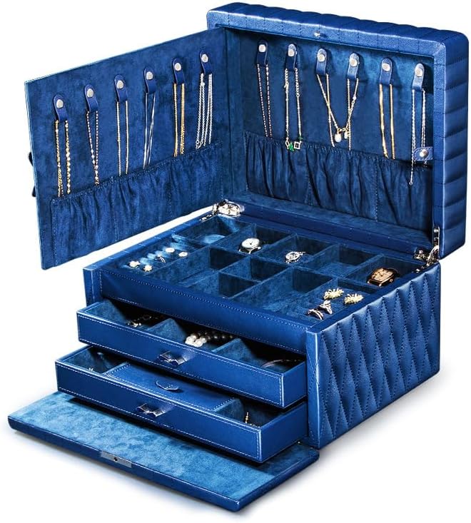 Genuine Leather Jewelry Box – 3 Layer Large Jewelry Organizer with Mirror, Lockable Jewelry Box for Women – Necklace, Ring, Earring Organizer with Drawer - Valentine's Day Gifts(Blue)