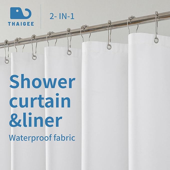 Water-Repellent Fabric Shower Curtain Liner - Hotel Quality Machine Washable, 3 Heavy-Duty Magnets with Rustproof Grommets & Weighted Hem, Standard Size 70x72in White