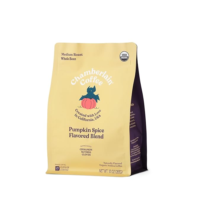 Chamberlain Coffee Pumpkin Spice Blend – Medium Roast Whole Bean Coffee, Smooth and Well-Balanced with Warm Notes of Cinnamon, Nutmeg, and Clove, Freshly Roasted in California - 10 oz
