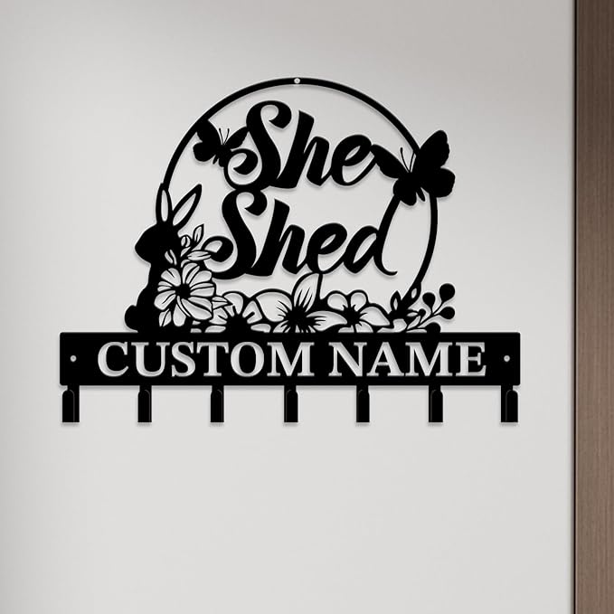 Personalized She Shed Metal Keys Hooks,Custom Name Metal She Shed Keys Hooks,Black Metal She Shed Wall Home Storage Decorative Keys Hooks,Key Holder Hooks for Wall (Style I)