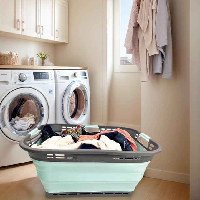 SAMMART 42L (11 Gallon) Collapsible Plastic Storage Basket - Foldable Pop Up Storage Container/Hamper - Portable Laundry Organizer - Space Saving (Grey/Lake Green, 42L (Style A))
