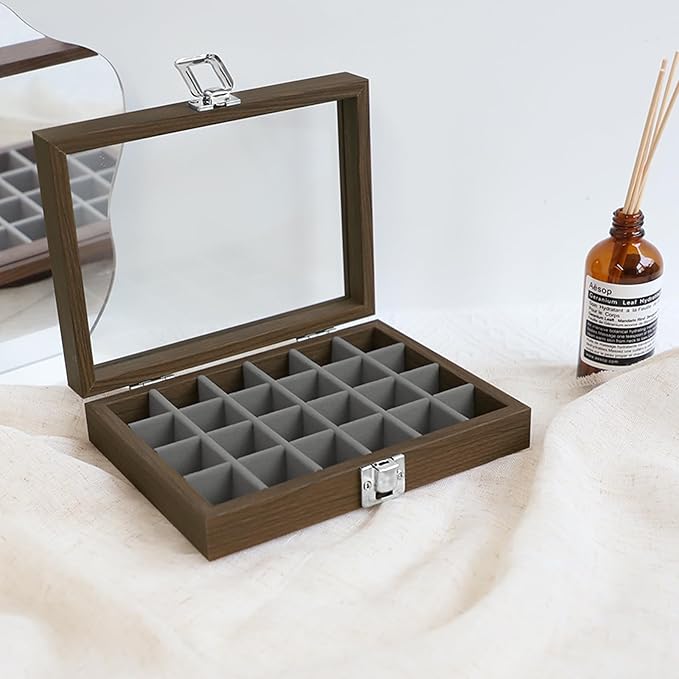 Wudygirl Small Jewelry Box Wooden Jewelry Organizer 24 Grid Ring Holder Earring Box with Lid Earring Holder Organizer for Women Jewelry Display Case Ring Storage for Drawer (Gray)
