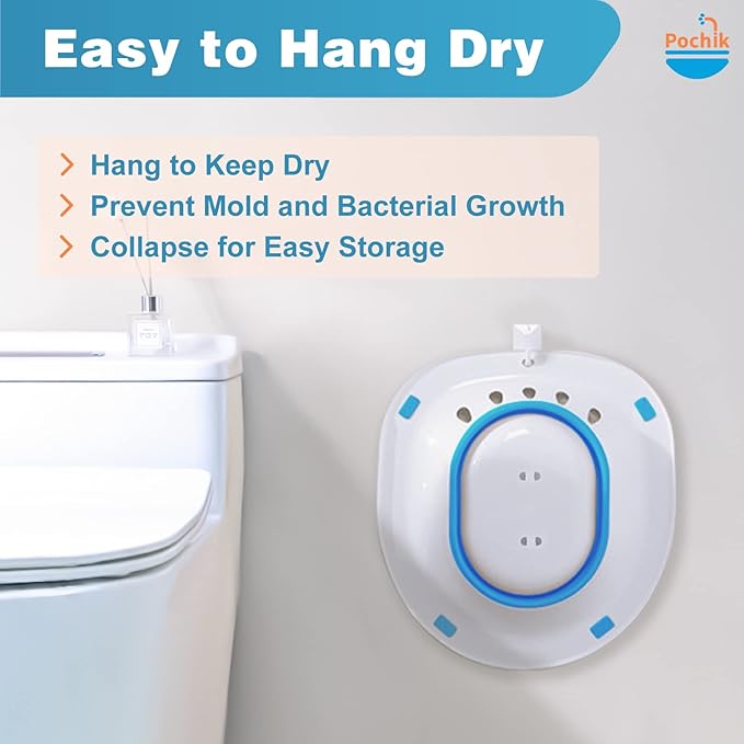 Pochik Sitz Bath for Toilet Seat Hemorrhoids and Postpartum Care, Yoni Steam Seat, Perineal Soaking, Collapsible, Flusher Hose, Drain Holes, Wider Seating Area - Blue