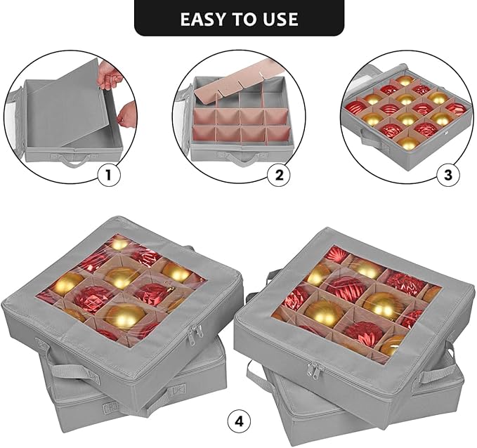 ProPik 4 Pcs Christmas Ornament Storage Boxes with Dividers, Transparent Top Zipper Closure, 4 Individual Ornament Holder Trays, Keeps 64 Holiday Ornaments, Ornament Organizer Storage Box (Gray)