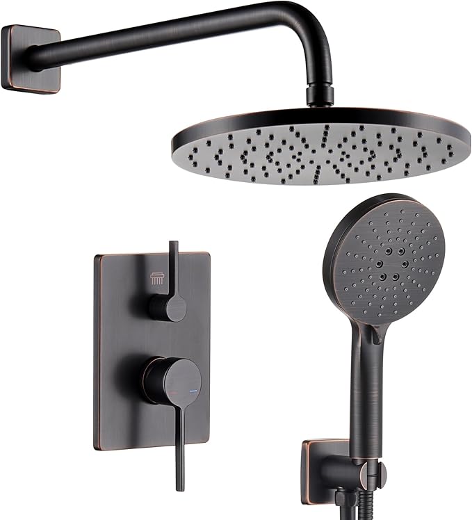 Bathroom Shower System Included Pressure Balancing Shower Mixer Valve, 10'' Rain Shower Head, 3-Setting Handheld Spray, Wall Mounted Oil-Rubbed Bronze SF001ORB-D10