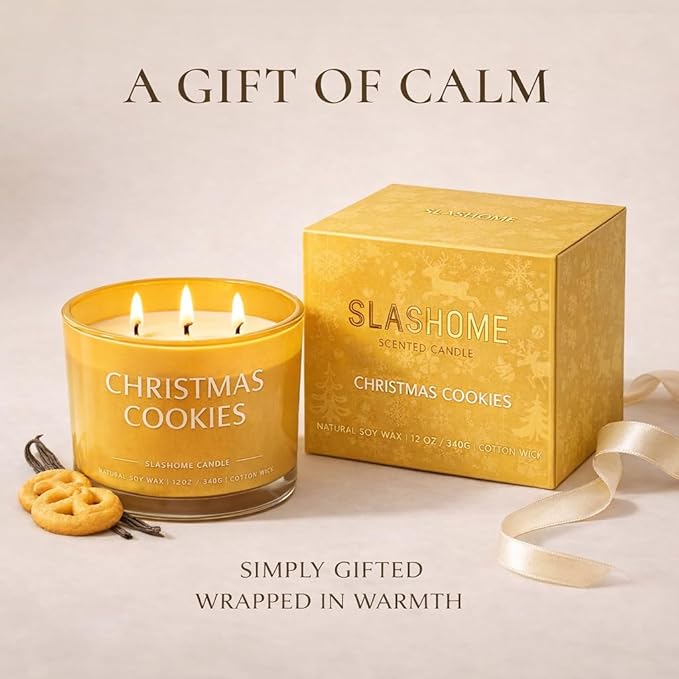 Christmas Cookies Scented Candle, Luxury Large 3 Wick Soy Candle 12 Oz, 60+ Hour Long Lasting Clean Burn, Elegant Aromatherapy Home Decor, Housewarming & Birthday Gift for Men & Women
