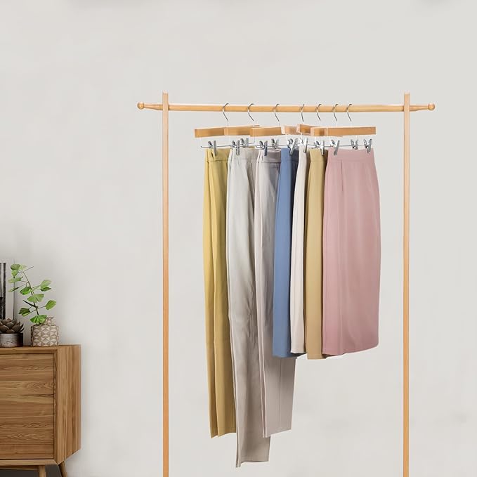 Nature Smile Deluxe Wooden Pants Hangers,Solid Lotus Wood Jeans Skirt Hanger with Clips Anti-Rust Hook Pack of 28（Natural）