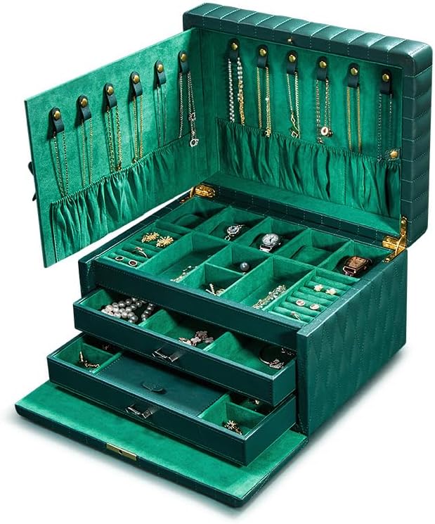 Genuine Leather Jewelry Box – 3 Layer Large Jewelry Organizer with Mirror, Lockable Jewelry Box for Women – Necklace, Ring, Earring Organizer with Drawer - Valentine's Day Gifts(Green)
