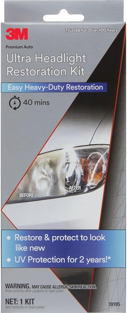 3M Ultra Headlight Restoration Kit, Contains Masking Tape, Light Sanding Discs, Wax Protectant and More, Use on Plastic Lenses Headlights, Taillights and More, Easy Heavy-Duty Restoration (39195)