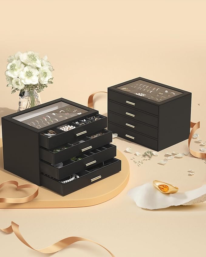 AKOZLIN Jewelry Box with Clear Lid Functional Leather Jewelry Storage Organizer Case 4 Drawers for Women Girls Necklace Ring Bracelet Earring