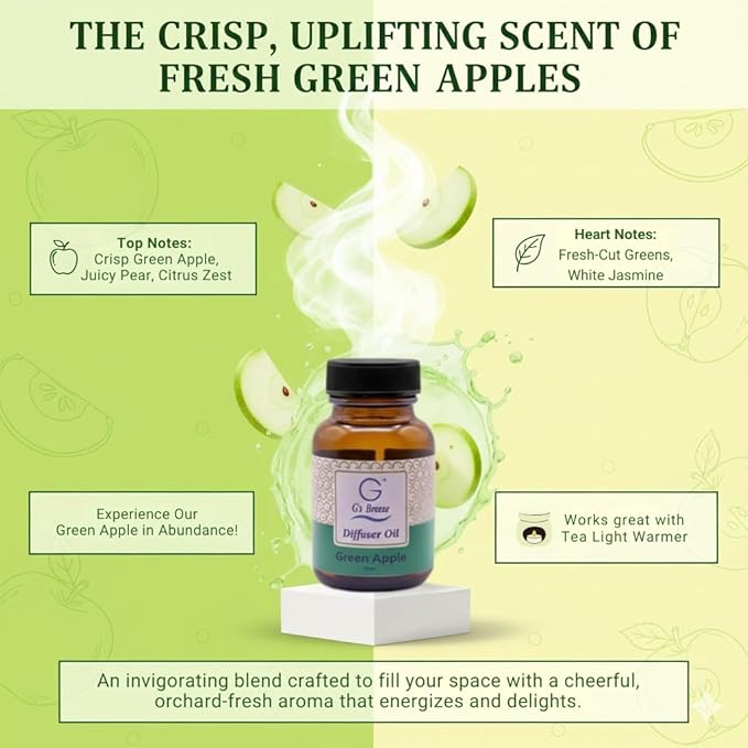 G's Breeze Green Apple Diffuser Oil – 60ml Soft & Soothing Green Apple Scent, Long-Lasting Aroma for Nurseries, Bedrooms, & Living Rooms, Easy Refill for Essential Oil Diffuser