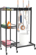 Cleaning Tool Rack, Broom Closet Storage Cabinet with Wheels, Cleaning Cart with Mop Hanger Gripper Rack Hooks, Cleaning Cart with 3-Tier Shelves for Laundry Room, Kitchen, Garage