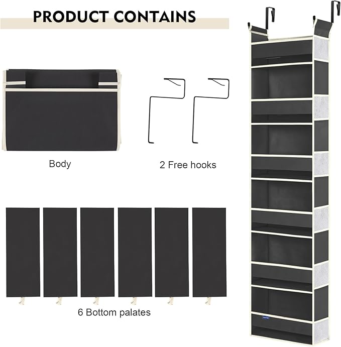 roomtalk Over The Door Hanging Organizer 6-Shelves and 12 Side Pockets, Over The Door Storage Organizer, Back of Door Organizers for Baby Accessories and Children's Toys (13"x5"x54", Black)