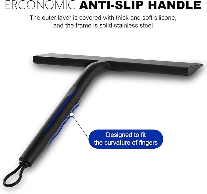wlich Shower Squeegee for Glass Doors, 8.5" Slicone Squeegee for Shower Glass Door, Black Shower Squeegee for Shower Doors Windows Mirrors Cars Cleaning, Shower Door Squeegee with 2 Hooks