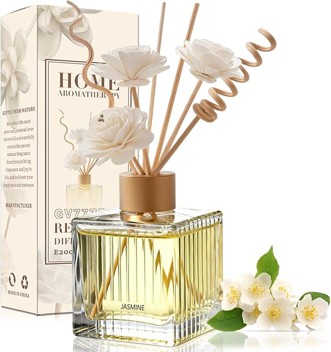 Jasmine Reed Diffuser Set - 6.7 oz Glass Bottle with 4 Rattan Sticks, 3 Dried Flowers | Adjustable, Long-Lasting Scent for Home, Bedroom, Living Room, Office, Bathroom | Aromatherapy Gift Set