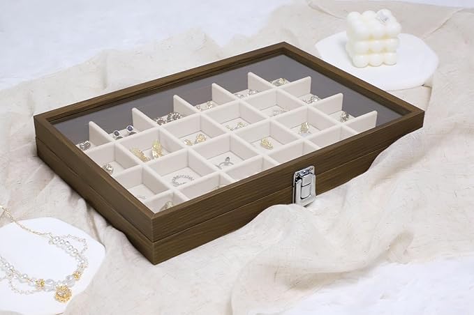 Wudygirl Wood Jewelry Organizer 24 Grid Jewelry Tray with Clear Lid Lockable Earring Holder Organizer Vintage Jewelry Box Ring Holder Gift for Women Girls (24 Grid)