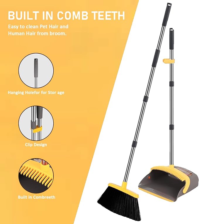 DJDTDTY 2-Pack is More economical，Upgraded Broom and Dustpan， with 52" Long Handle, Dustpan Teeth with self-Cleaning Function, Indoor and Outdoor Sweeping, Perfect for Home Office