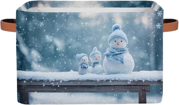 Storage Baskets Bin, Christmas Winter Snowman Collapsible Canvas Fabric Storage Bin Decorative Baskets Toy Organizer Rectangle Storage Boxes with Handles for Home Shelves Nursery, J-023